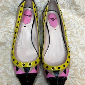 Fendi Black Bug Pointed Toe Studded Flat Color Block Shoe Made in Italy Size 38